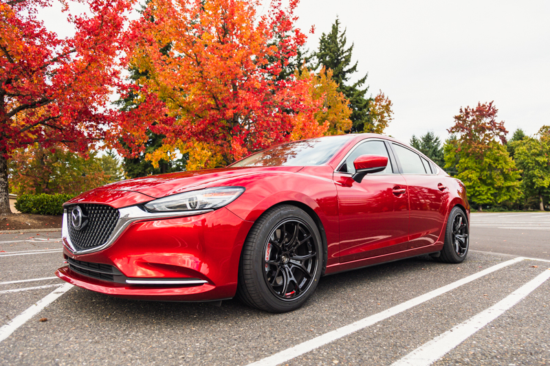 Stance view of Mazda 6 wit lowering springs installed